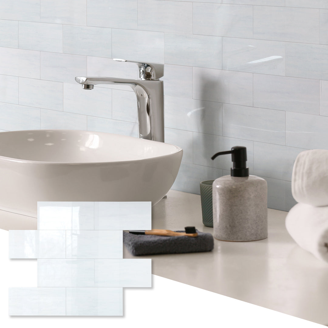 Glossy Dolomite White Peel and Stick Subway Backsplash Tile