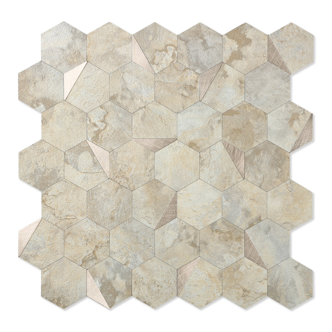 12" x 11,41" Sechseck-Wandfliese zum Abziehen und Aufkleben, ecru-beige Stein