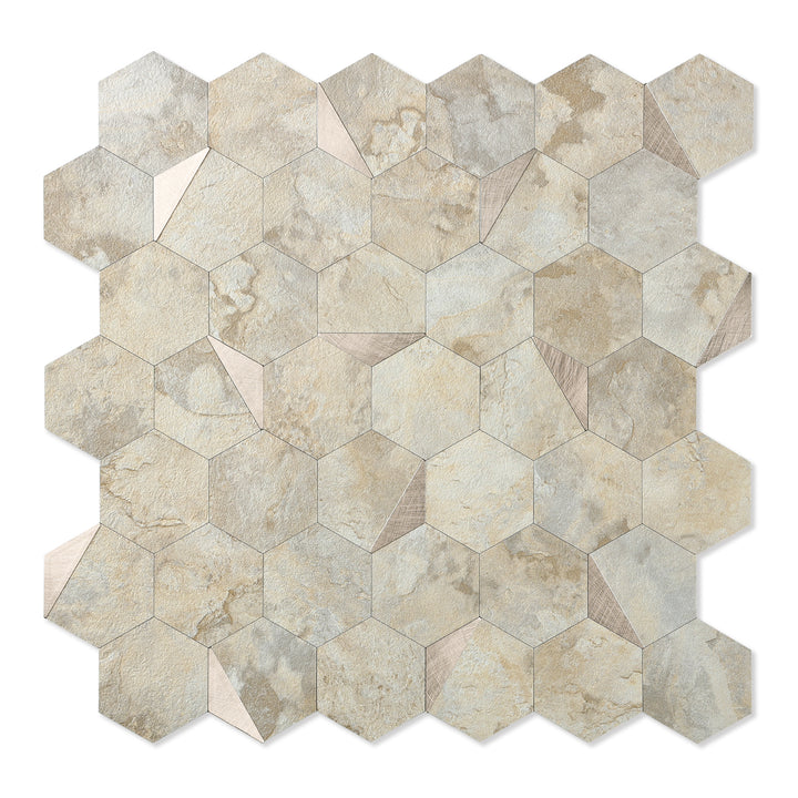 12" x 11,41" Sechseck-Wandfliese zum Abziehen und Aufkleben, ecru-beige Stein