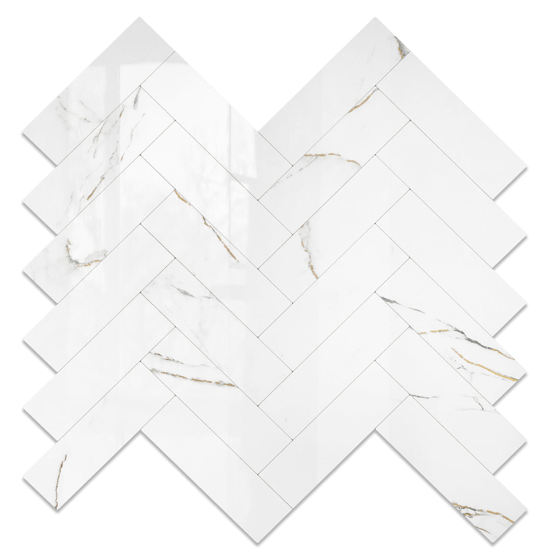 Glossy Marble Gold Herringbone Tile Peel and Stick Backsplash