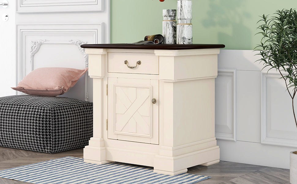 Nightstand with 1 Drawer and Cabinet,USB Charging Ports,Antique White