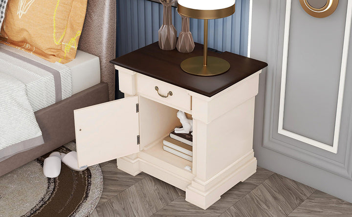 Nightstand with 1 Drawer and Cabinet,USB Charging Ports,Antique White