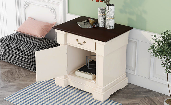 Nightstand with 1 Drawer and Cabinet,USB Charging Ports,Antique White