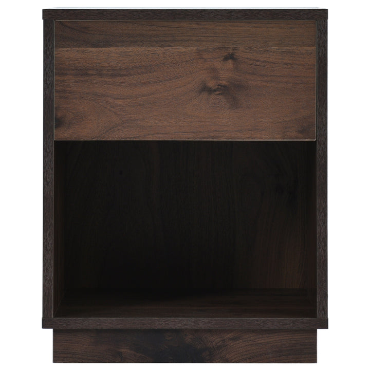 Mid-Century Modern Nachttisch Beistelltisch mit offenem Stauraum und einer Schublade, Dunkelbraun 
