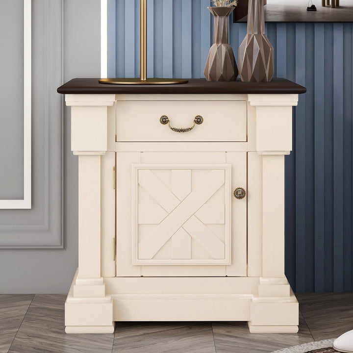 Nightstand with 1 Drawer and Cabinet,USB Charging Ports,Antique White