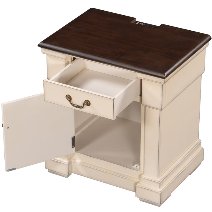 Nightstand with 1 Drawer and Cabinet,USB Charging Ports,Antique White