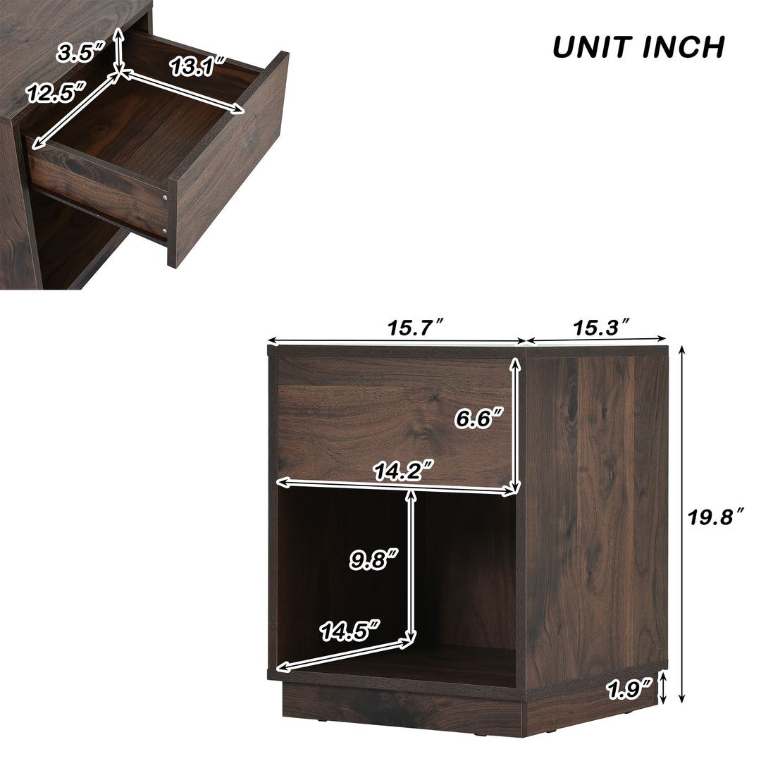 Mid-Century Modern Nachttisch Beistelltisch mit offenem Stauraum und einer Schublade, Dunkelbraun 