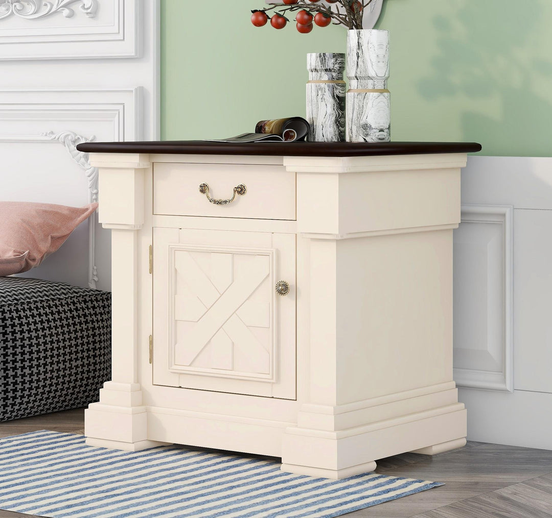 Nightstand with 1 Drawer and Cabinet,USB Charging Ports,Antique White