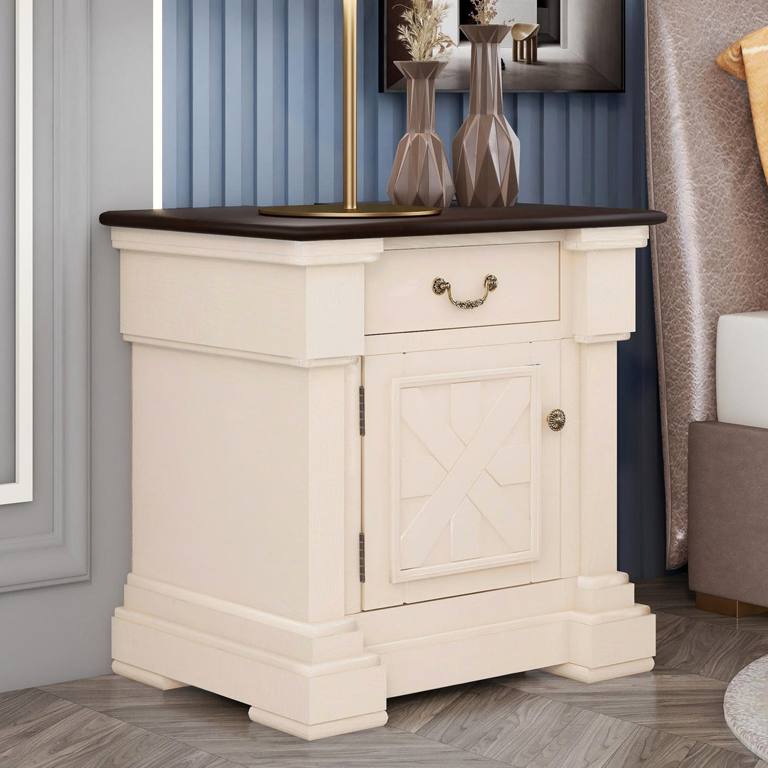 Nightstand with 1 Drawer and Cabinet,USB Charging Ports,Antique White