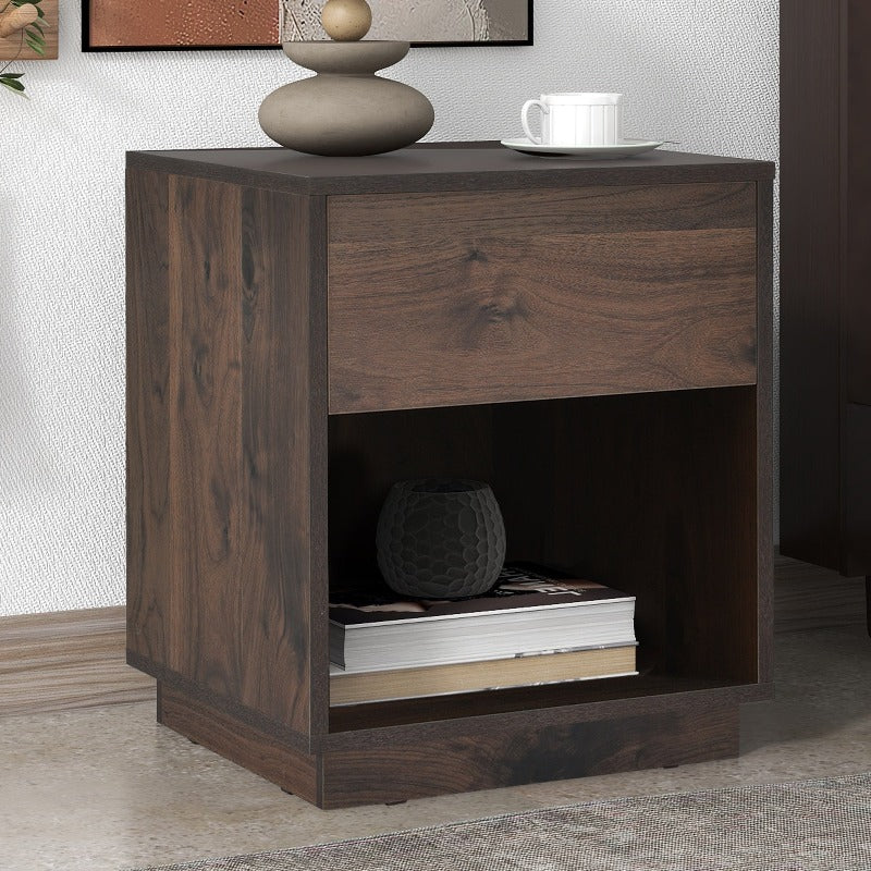 Mid-Century Modern Nachttisch Beistelltisch mit offenem Stauraum und einer Schublade, Dunkelbraun 