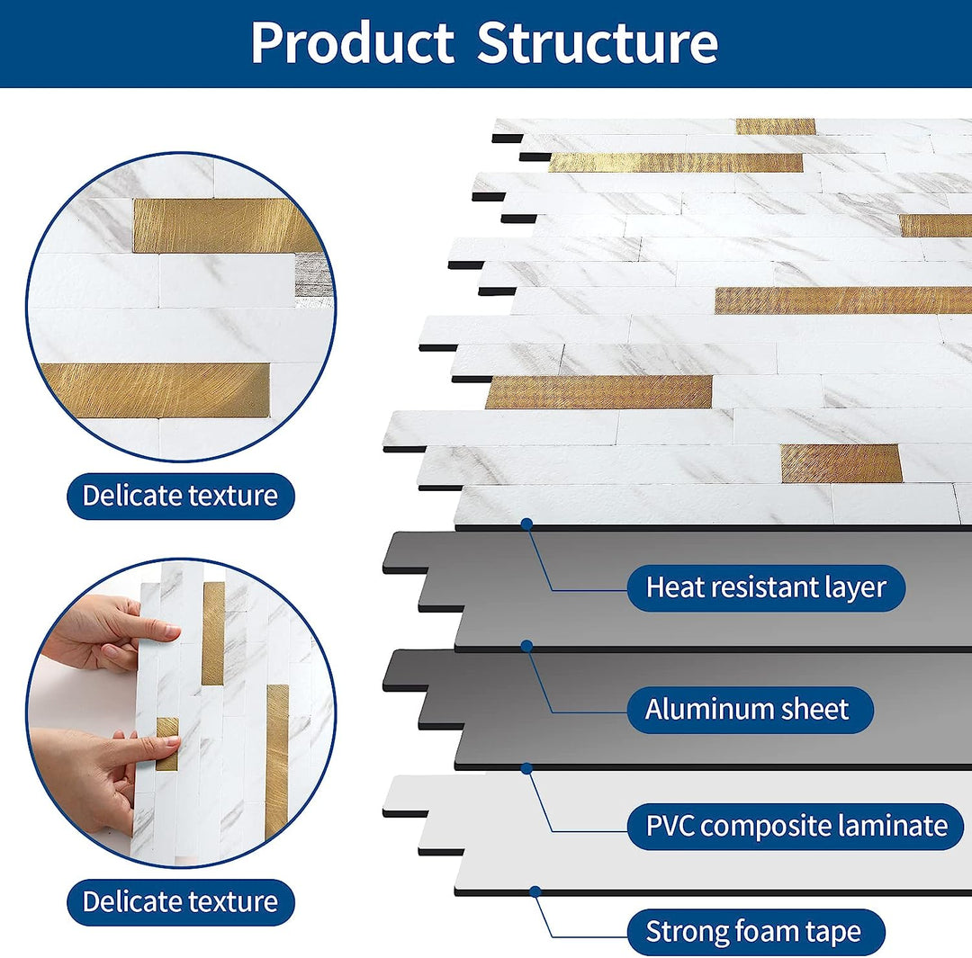PVC kitchen backsplash tile composite image Linear Blend in Carla with Gold