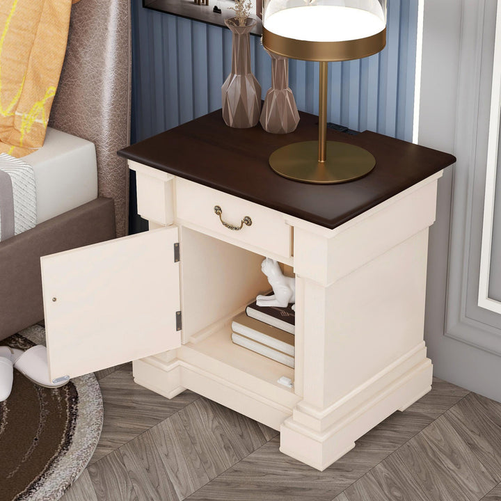 Nightstand with 1 Drawer and Cabinet,USB Charging Ports,Antique White