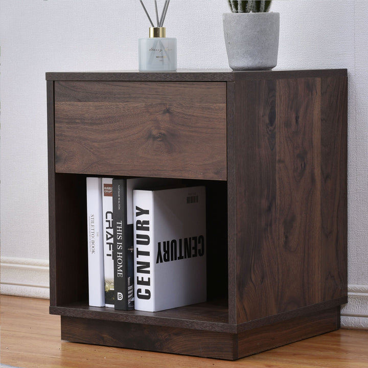 Mid-Century Modern Nachttisch Beistelltisch mit offenem Stauraum und einer Schublade, Dunkelbraun 