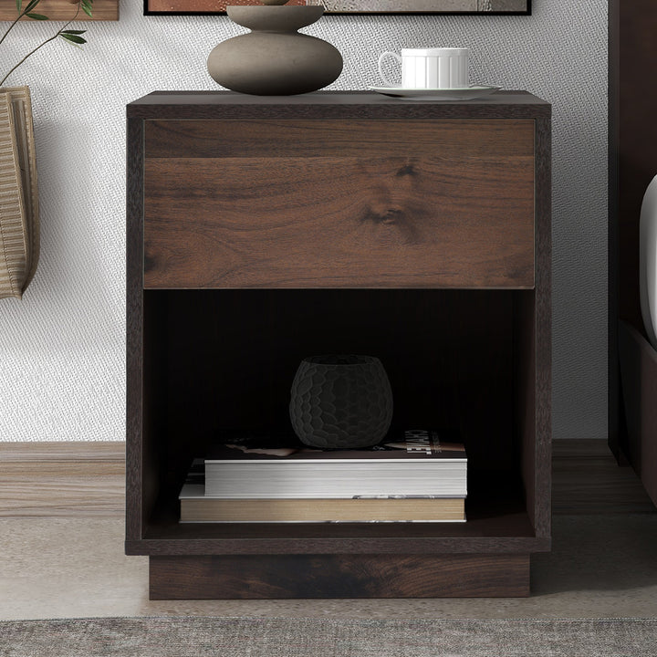 Mid-Century Modern Nachttisch Beistelltisch mit offenem Stauraum und einer Schublade, Dunkelbraun 