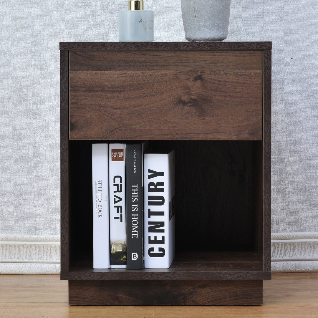 Mid-Century Modern Nachttisch Beistelltisch mit offenem Stauraum und einer Schublade, Dunkelbraun 