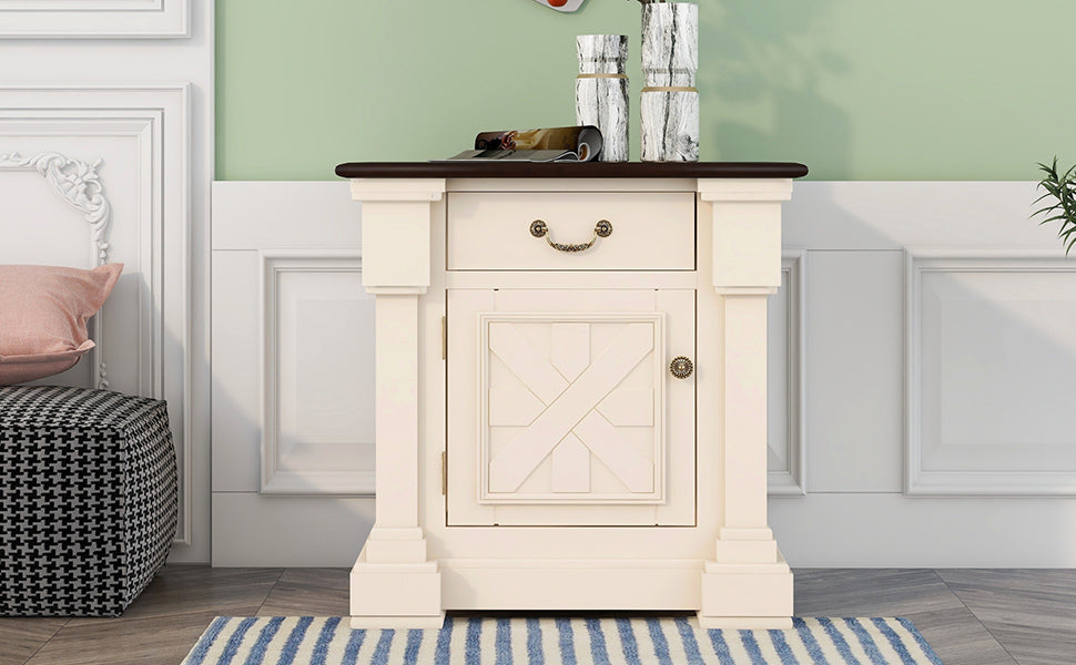 Nightstand with 1 Drawer and Cabinet,USB Charging Ports,Antique White