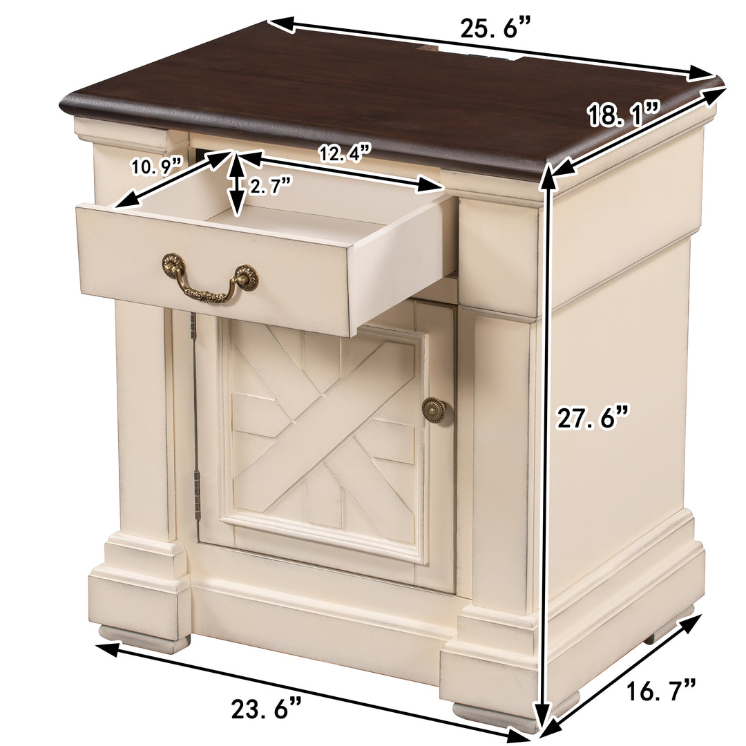 Nightstand with 1 Drawer and Cabinet,USB Charging Ports,Antique White