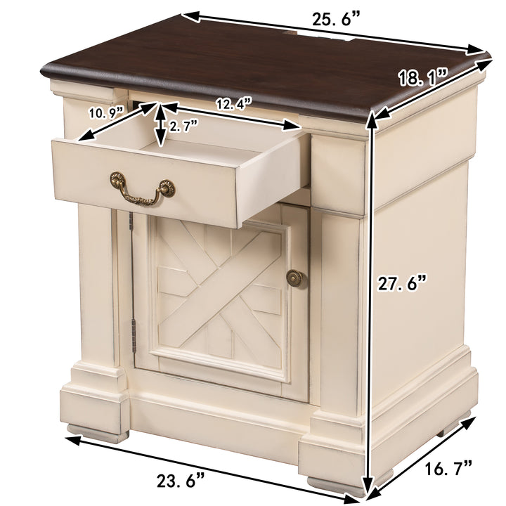 Nightstand with 1 Drawer and Cabinet,USB Charging Ports,Antique White