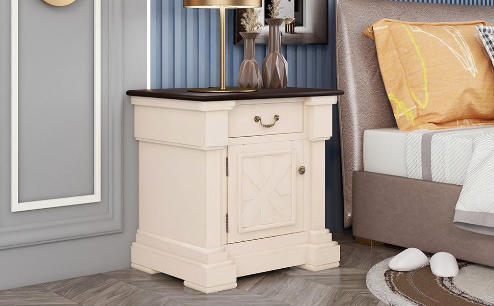 Nightstand with 1 Drawer and Cabinet,USB Charging Ports,Antique White