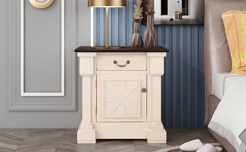 Nightstand with 1 Drawer and Cabinet,USB Charging Ports,Antique White