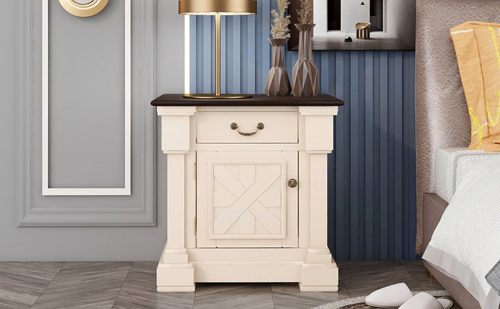 Nightstand with 1 Drawer and Cabinet,USB Charging Ports,Antique White